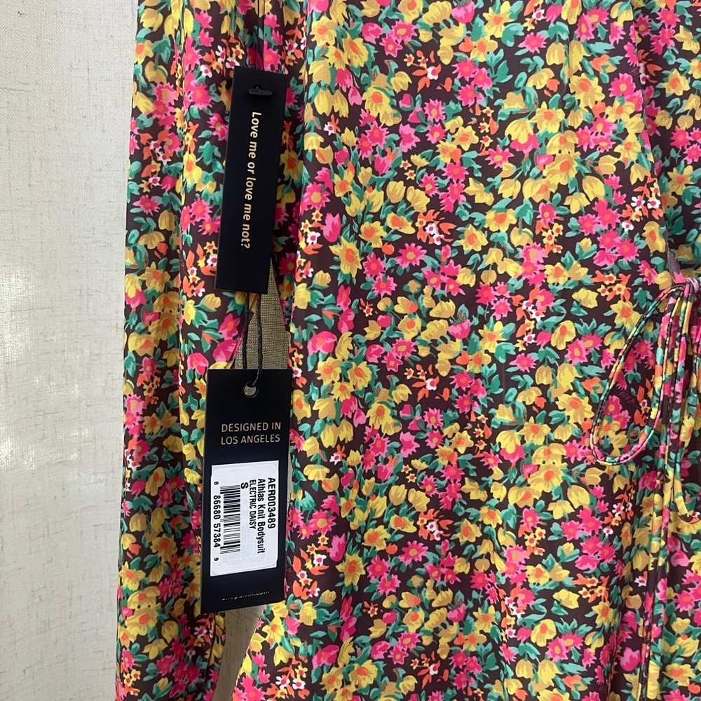 NEW AFRM Pink and Yellow Floral Long Sleeve Bodysuit - Picture 3 of 9